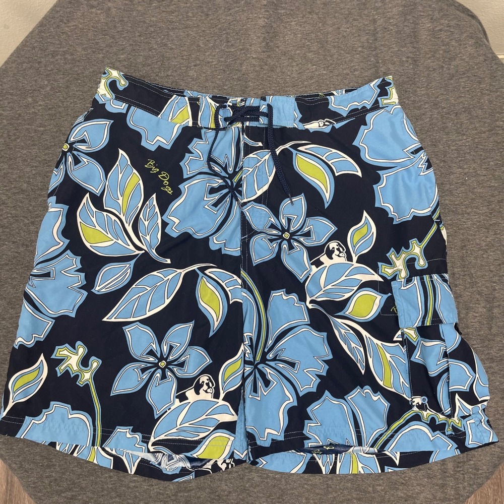 Big Dogs XL Floral Print Swim Trunks Shorts Drawstring Blue Fun Attitude Beach